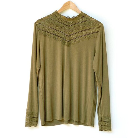 Rosemunde Copenhagen Womens Long Sleeve Top Size XL High Neck Lace Trim Olive - Picture 1 of 10